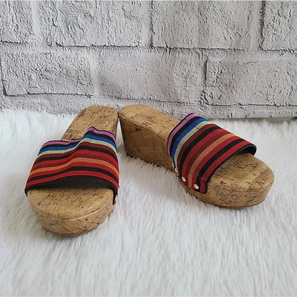Avenue Greta Y2K Colorful Cork Wedge Heeled Flip Flops Size 10W